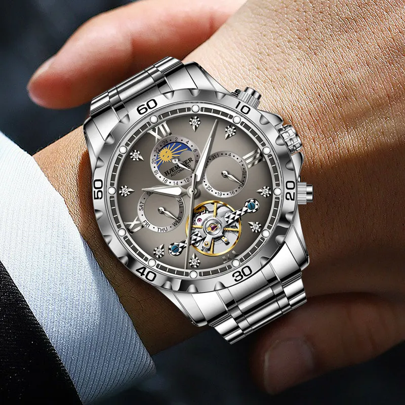 HAEMMER Automatic Mechanical Movement Steel Strap Watch Men's Watches Black Dial-10