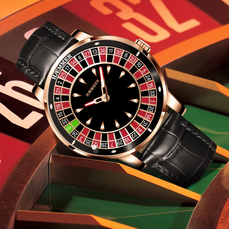 HAEMMER Gambling Disk Collection Automatic Mechanical Movement Genuine Leather Strap Watch Men's Watches Black Dial-3