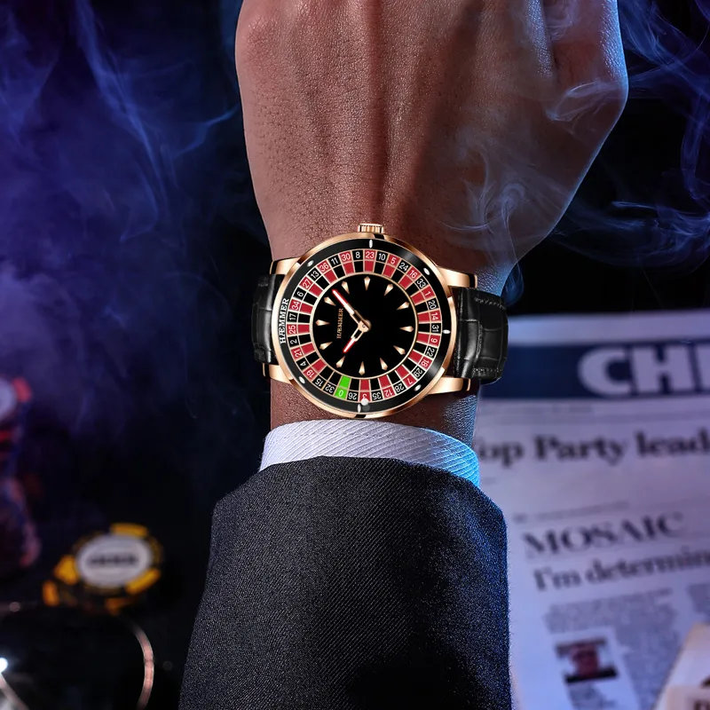 HAEMMER Gambling Disk Collection Automatic Mechanical Movement Genuine Leather Strap Watch Men's Watches Black Dial-1