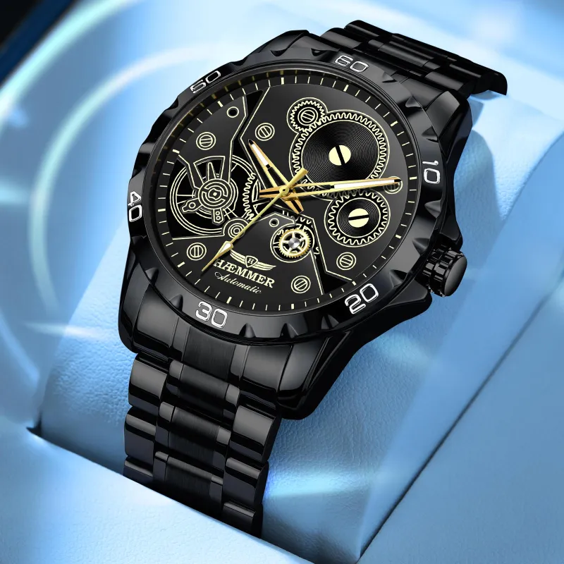 HAEMMER Automatic Mechanical Movement Stainless Steel Watchband Watch Men's Watches Black Dial-1