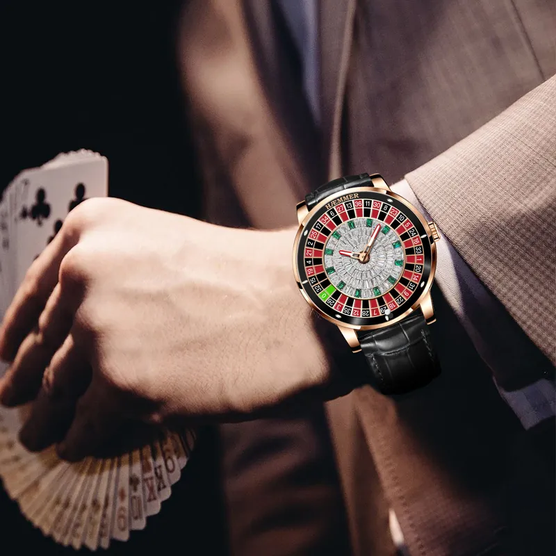 HAEMMER Gambling Disk Collection Automatic Mechanical Movement Genuine Leather Strap Watch Men's Watches Black Dial-8