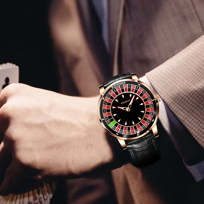 HAEMMER Gambling Disk Collection Automatic Mechanical Movement Genuine Leather Strap Watch Men's Watches Black Dial-4