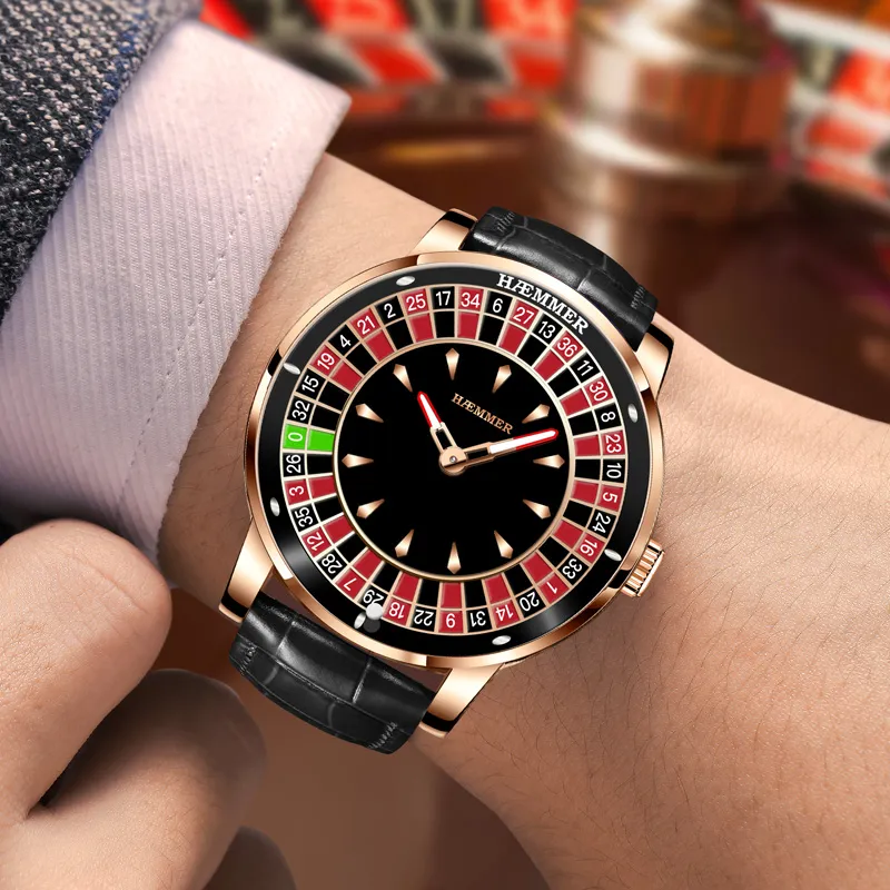 HAEMMER Gambling Disk Collection Automatic Mechanical Movement Genuine Leather Strap Watch Men's Watches Black Dial-2
