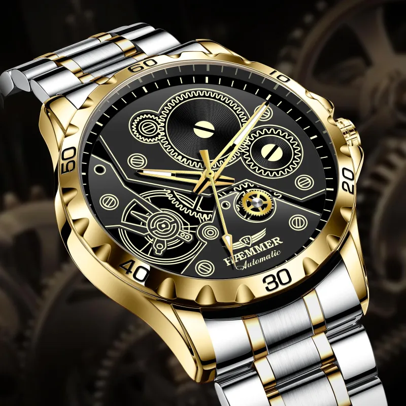 HAEMMER Automatic Mechanical Movement Stainless Steel Watchband Watch Men's Watches Black Dial-8
