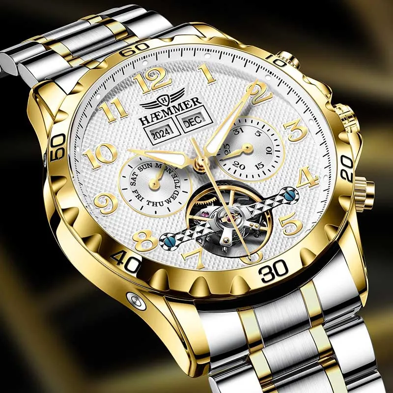 HAEMMER Automatic Mechanical Movement Stainless Steel Watchband Men's Watches Black Dial-8