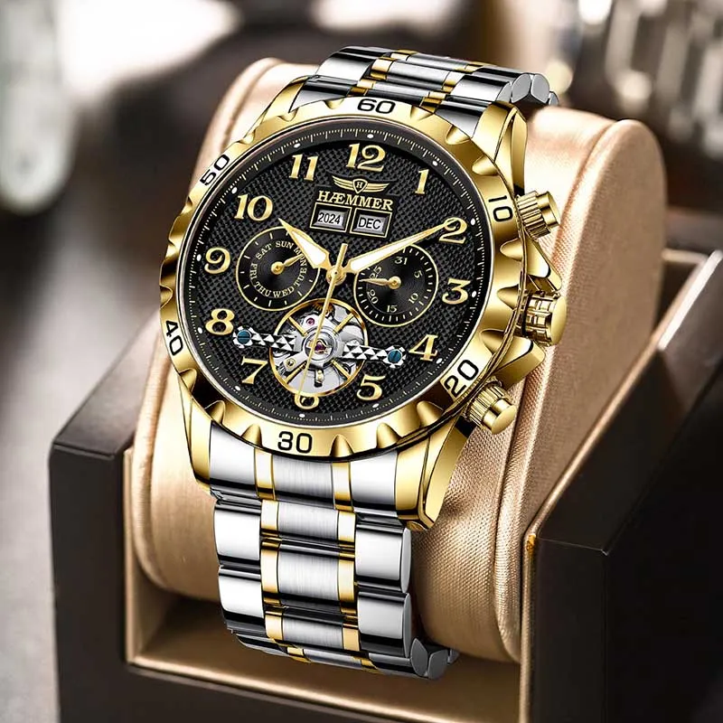HAEMMER Automatic Mechanical Movement Stainless Steel Watchband Men's Watches Black Dial-5
