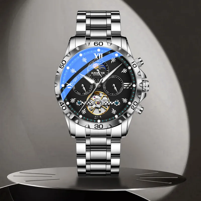 HAEMMER Automatic Mechanical Movement Steel Strap Watch Men's Watches Black Dial-5