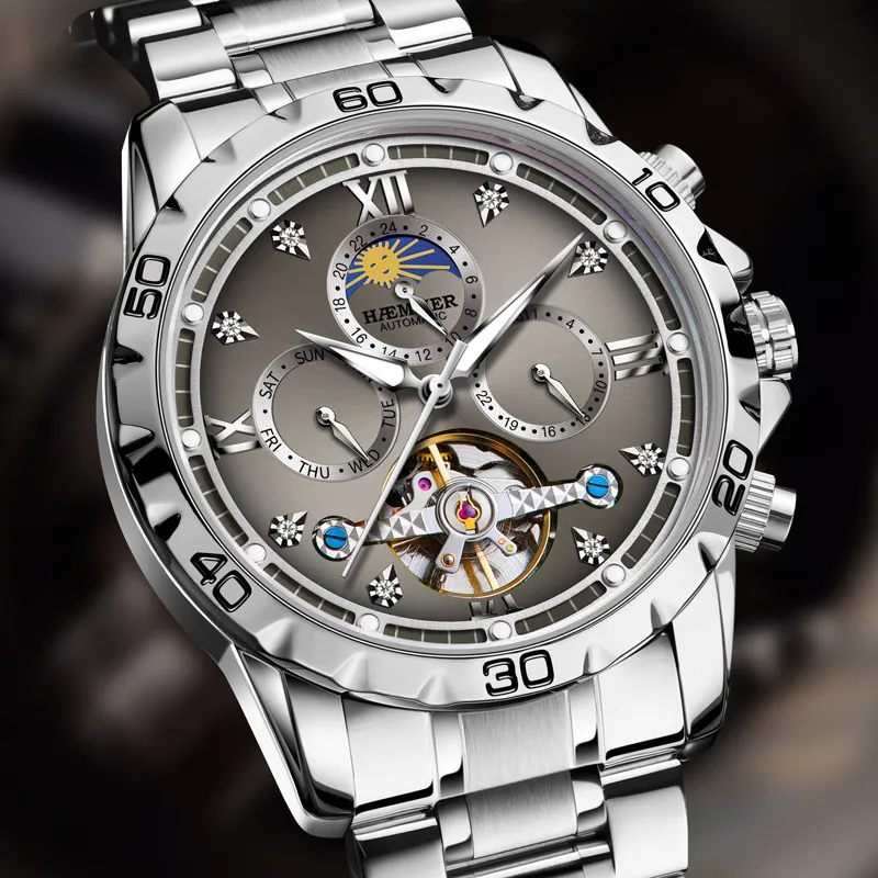 HAEMMER Automatic Mechanical Movement Steel Strap Watch Men's Watches Black Dial-7
