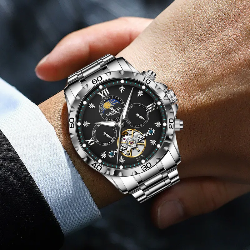 HAEMMER Automatic Mechanical Movement Steel Strap Watch Men's Watches Black Dial-4