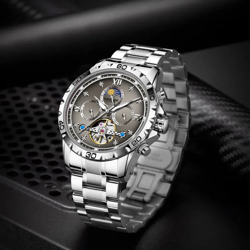 HAEMMER Automatic Mechanical Movement Steel Strap Watch Men's Watches Black Dial-9