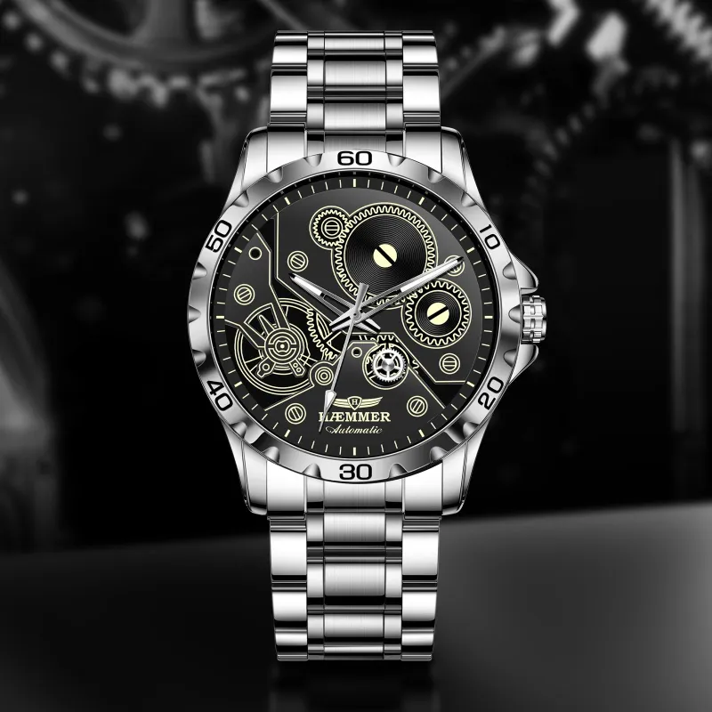HAEMMER Automatic Mechanical Movement Stainless Steel Watchband Watch Men's Watches Black Dial-17