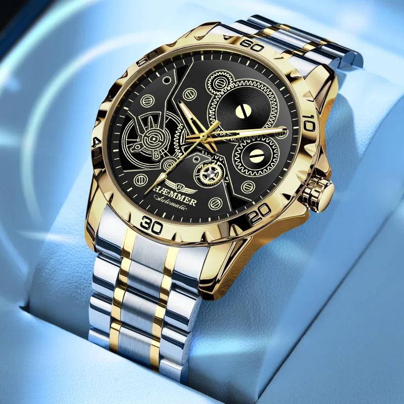 HAEMMER Automatic Mechanical Movement Stainless Steel Watchband Watch Men's Watches Black Dial-7