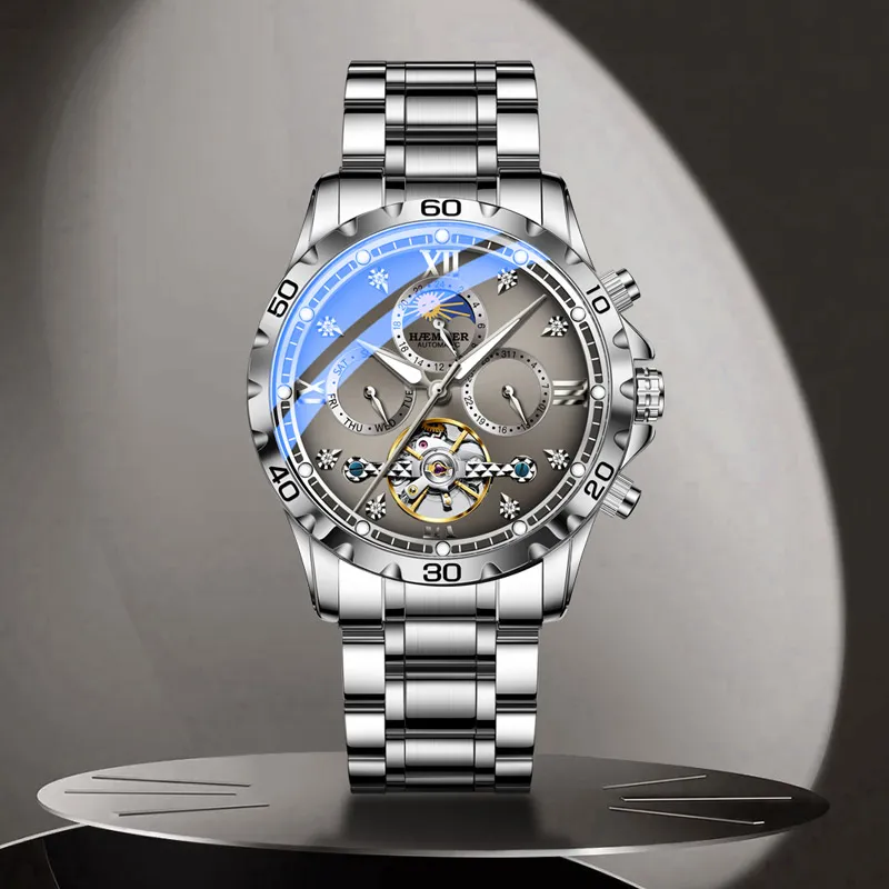 HAEMMER Automatic Mechanical Movement Steel Strap Watch Men's Watches Black Dial-8