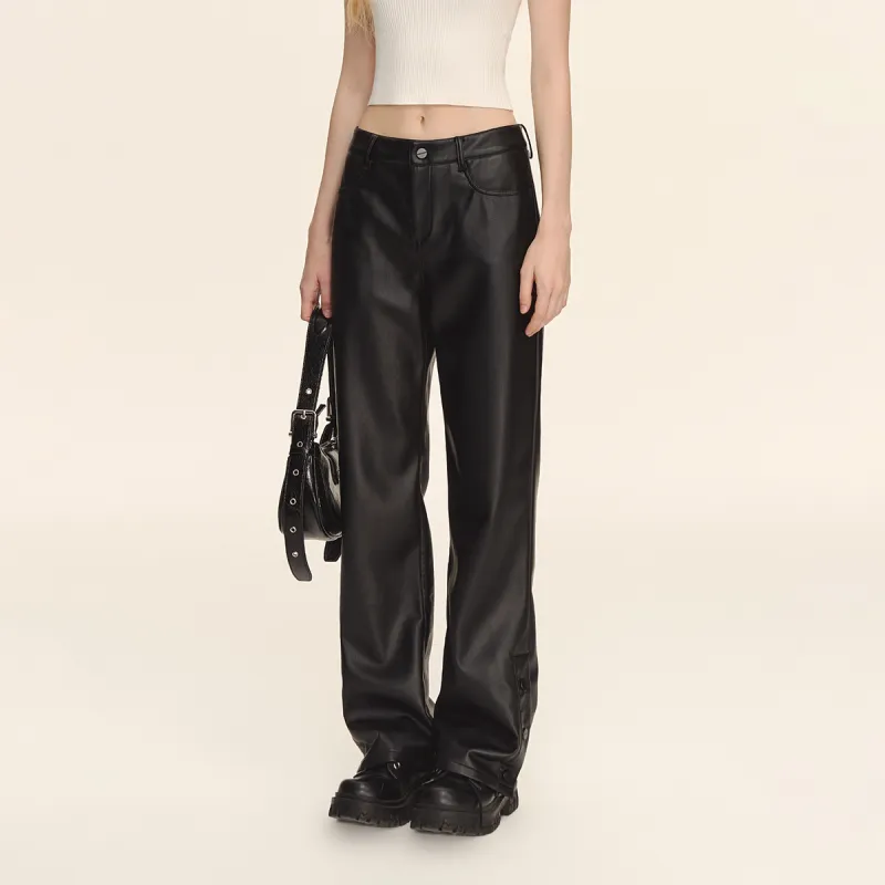 CLIMAX VISION Floral Script Series Leather Pants Women's Black-3