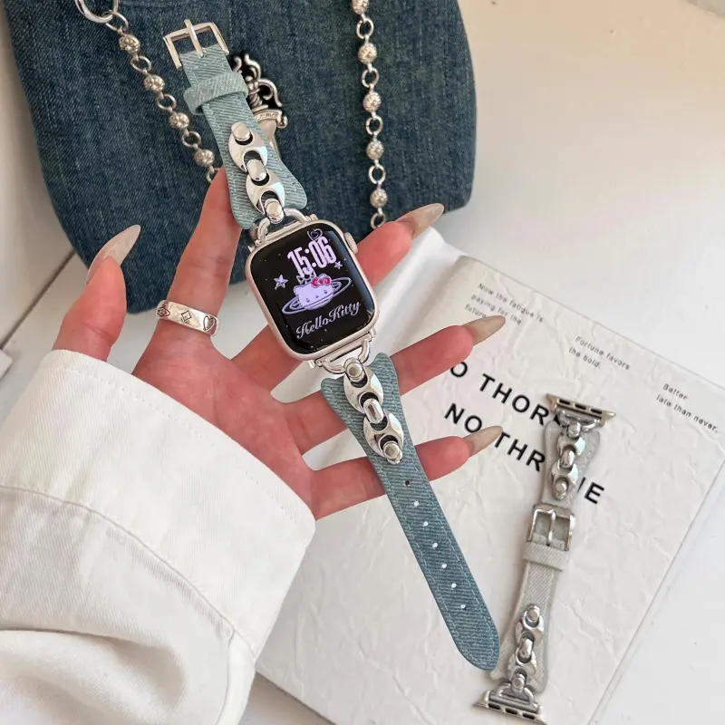 KVZUVUU Watch Band Apple Compatibility Metal, Denim Material-4