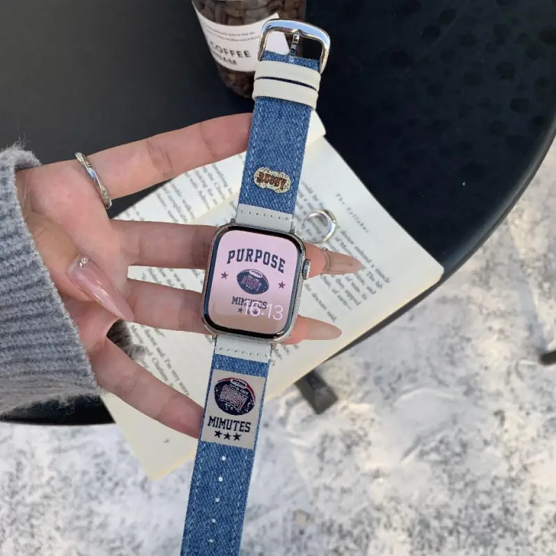 KVZUVUU Apple Compatibility Watch Band Denim Material-3