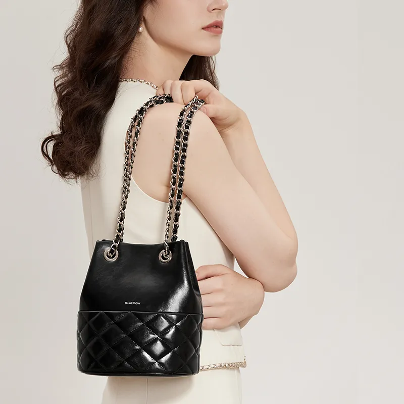 SHEPOK Cow Leather Shoulder Bag Women's Ecru/Silver/Black-16