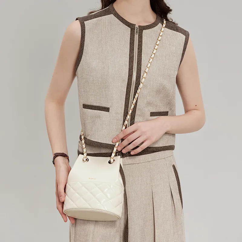 SHEPOK Cow Leather Shoulder Bag Women's Ecru/Silver/Black-4