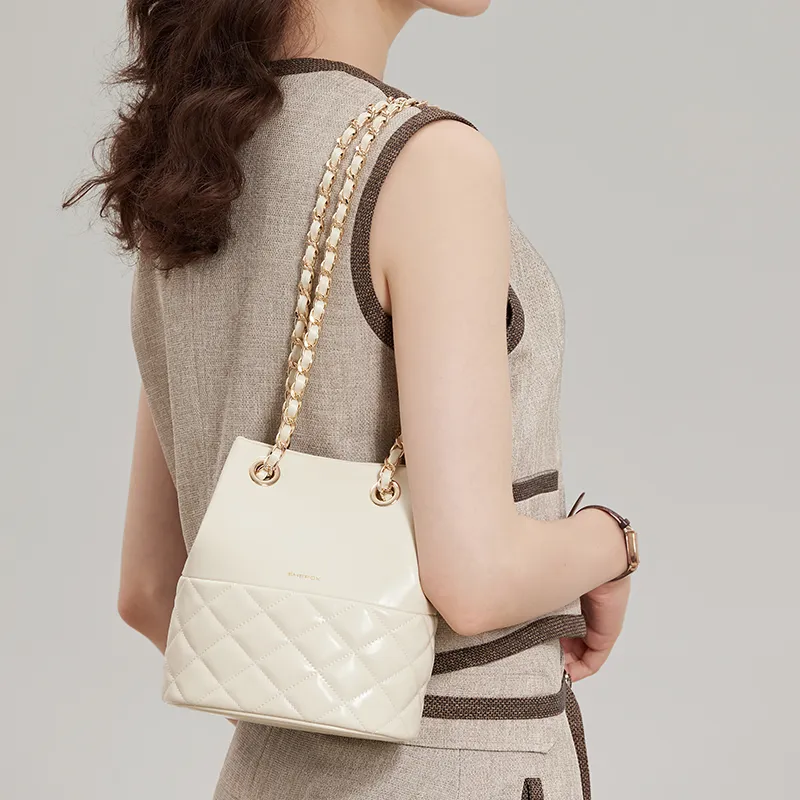 SHEPOK Cow Leather Shoulder Bag Women's Ecru/Silver/Black-3