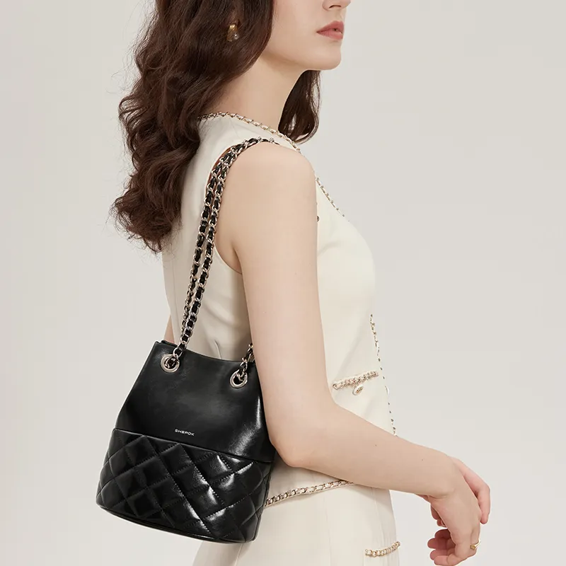 SHEPOK Cow Leather Shoulder Bag Women's Ecru/Silver/Black-15