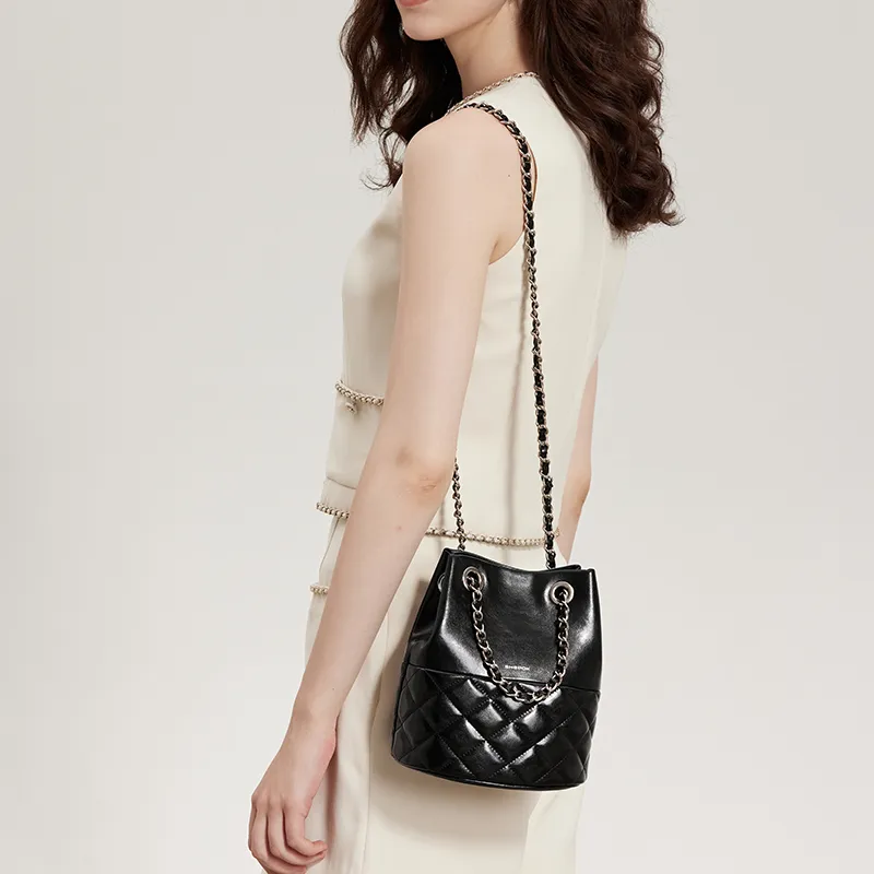 SHEPOK Cow Leather Shoulder Bag Women's Ecru/Silver/Black-14