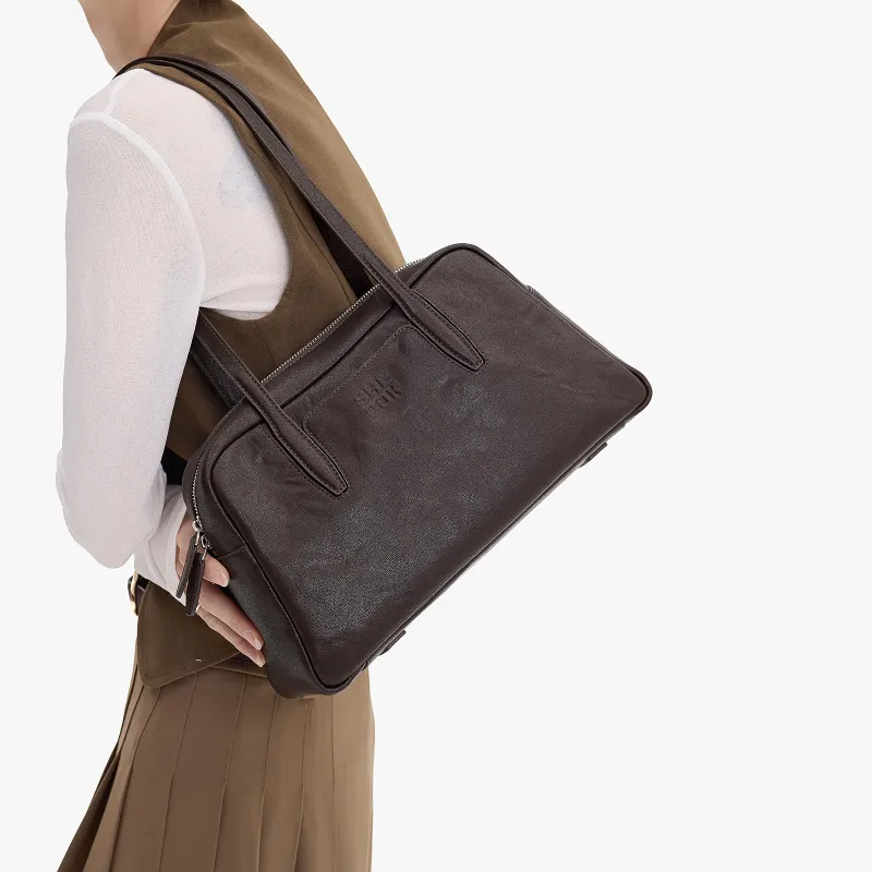 SHEPOK Vegetable Tanned Top Grain Cow Leather Bowling Bag Shoulder Bag Unisex Multicolor-3
