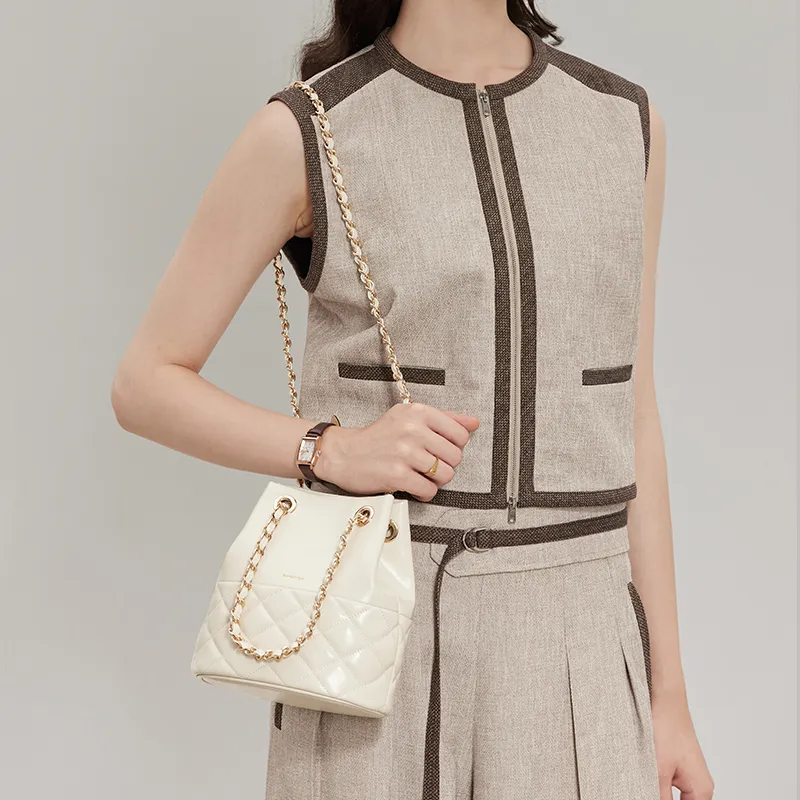 SHEPOK Cow Leather Shoulder Bag Women's Ecru/Silver/Black-2