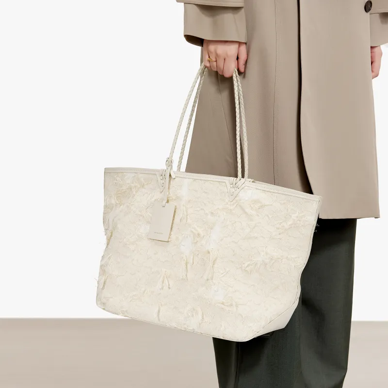 SHEPOK Cow Leather Combo Bag Tote Bag Shopping Bag Handbag Shoulder Bag Large Size Women's White-4