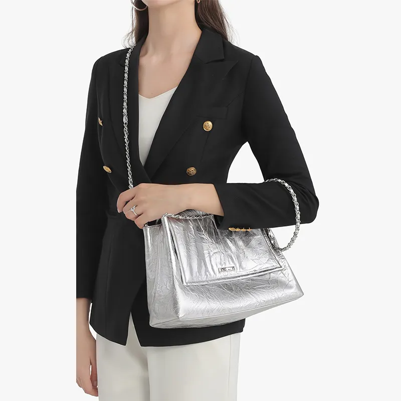 SHEPOK Top Grain Cow Leather Shoulder Bag Crossbody Bag Shoulder Bag Messenger Bag Unisex Black/Silver-5