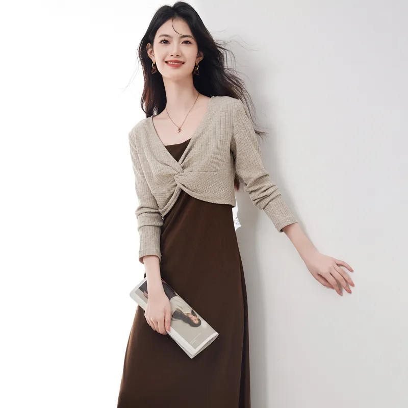 XINFEIYU Skirt Set Women's Coffee-4