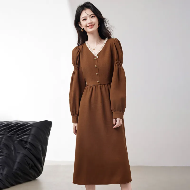 XINFEIYU Long-Sleeved Dresses Women's Coffee-0
