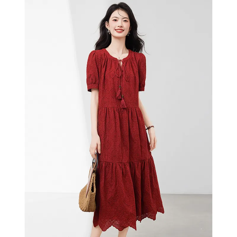 XINFEIYU Short Sleeved Dress Women's Red-4