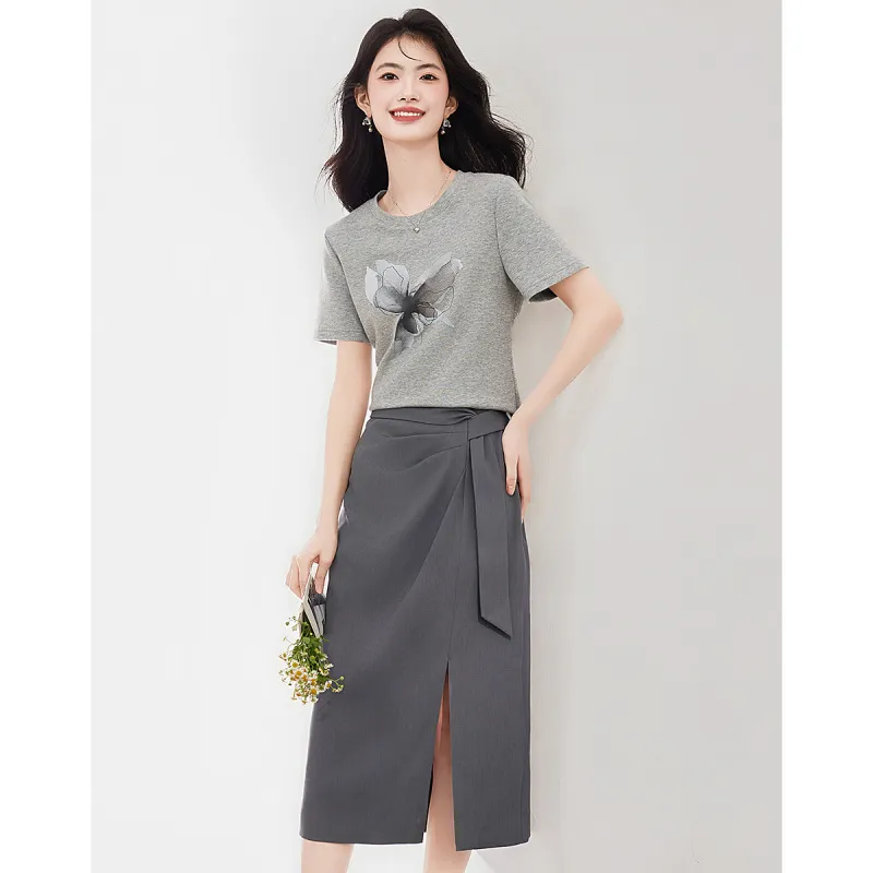 XINFEIYU Skirt Set Women's Gray-4