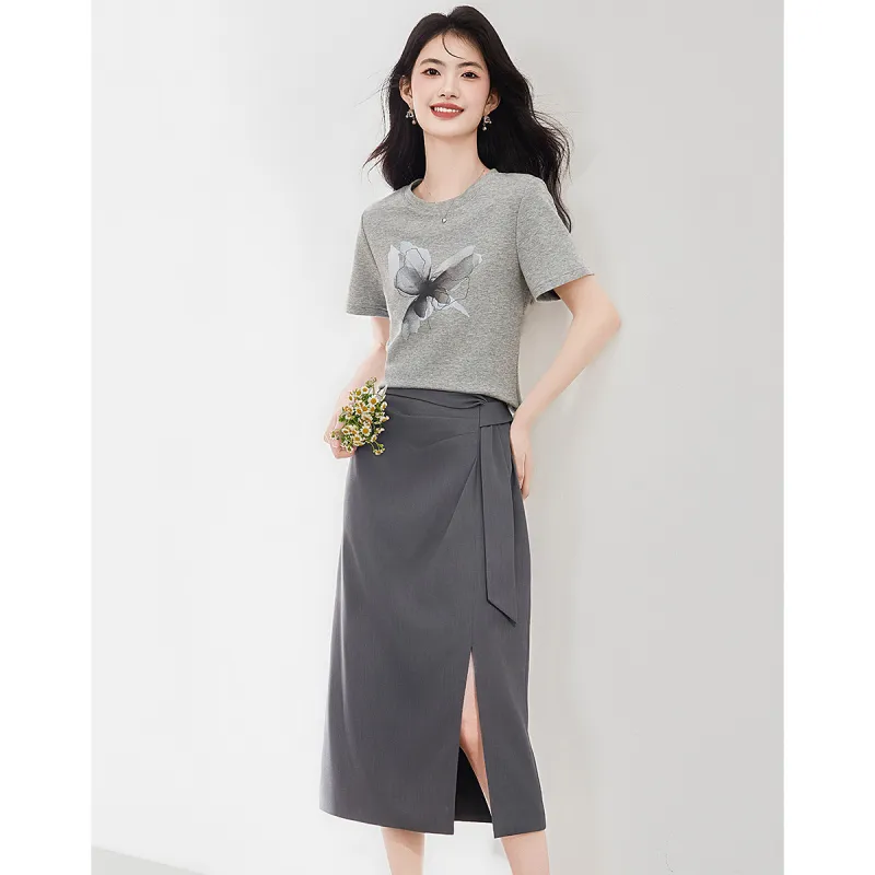 XINFEIYU Skirt Set Women's Gray-3