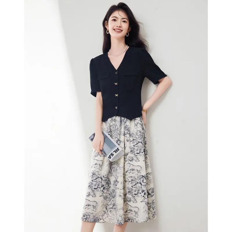 XINFEIYU Skirt Set Women's Black-2