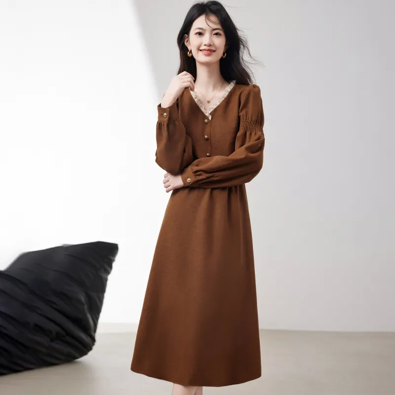 XINFEIYU Long-Sleeved Dresses Women's Coffee-2