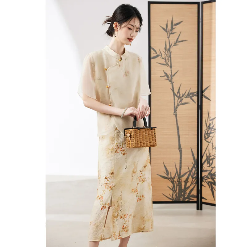 XINFEIYU Skirt Set Women's Apricot Blossom Top+Dress-1