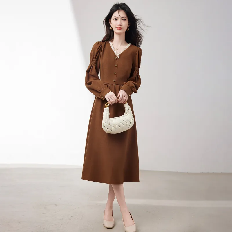 XINFEIYU Long-Sleeved Dresses Women's Coffee-1