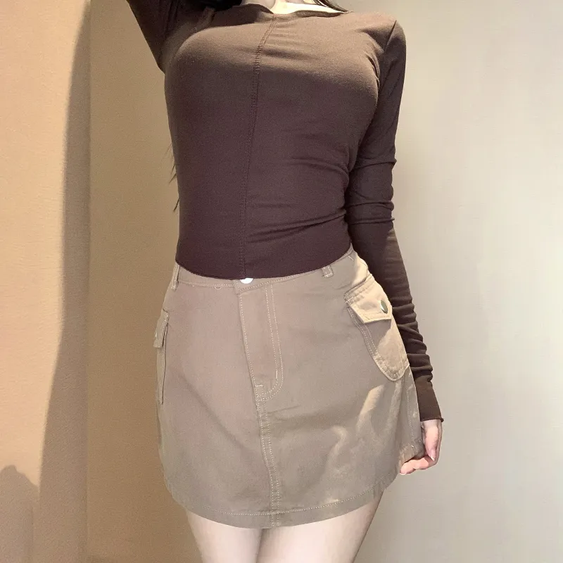 LKOD Denim Short Skirts Women's Brown-2
