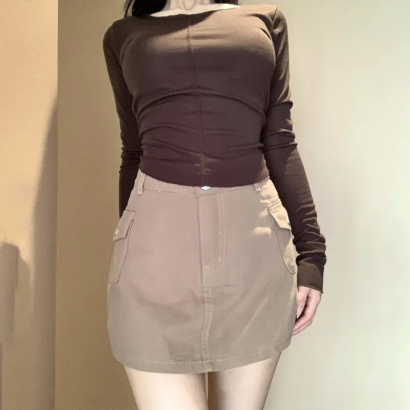LKOD Denim Short Skirts Women's Brown-4