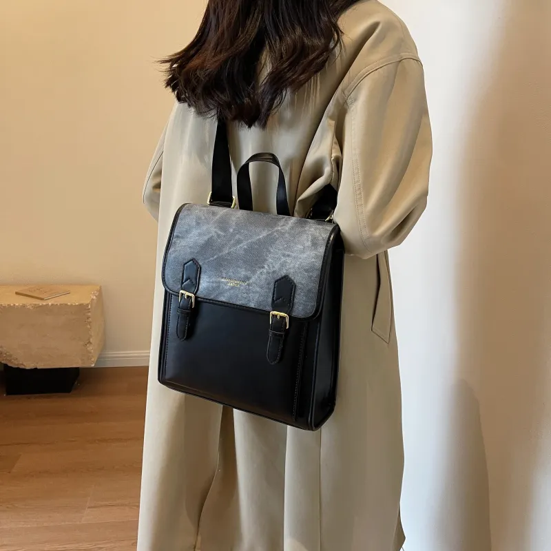 Dusen Kangaroo PU Backpack Women's Black/Coffee/Brown-3