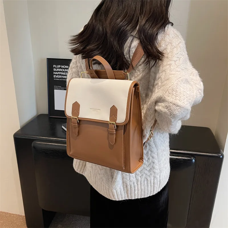 Dusen Kangaroo PU Backpack Women's Black/Coffee/Brown-20