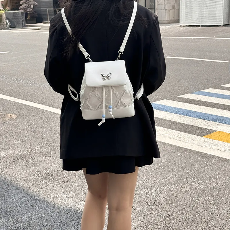 Dusen Kangaroo PU Small Backpack Regular Women's White Black Blue Pink-1