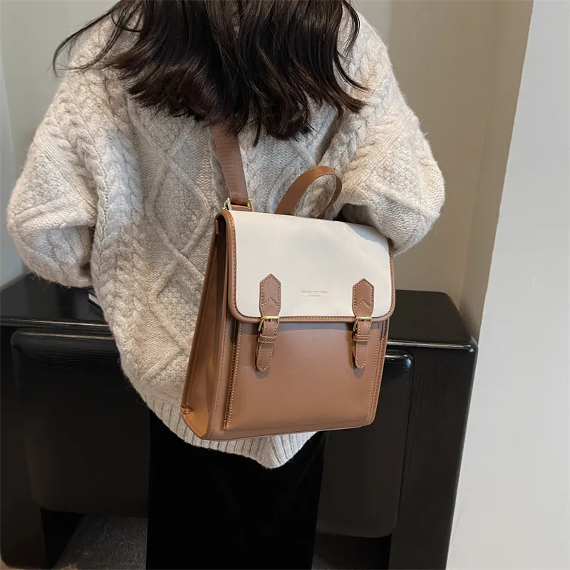Dusen Kangaroo PU Backpack Women's Black/Coffee/Brown-15