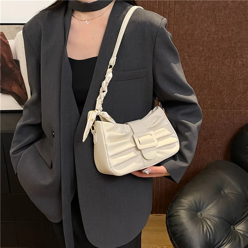 Dusen Kangaroo PU Shoulder Bag Women's White/Black/Ecru/Khaki/Blue/Pink-9