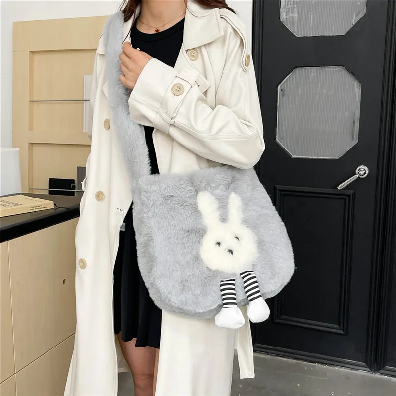 Dusen Kangaroo Plush Shoulder Bag Women's White/Gray/Khaki/Green/Pink-6