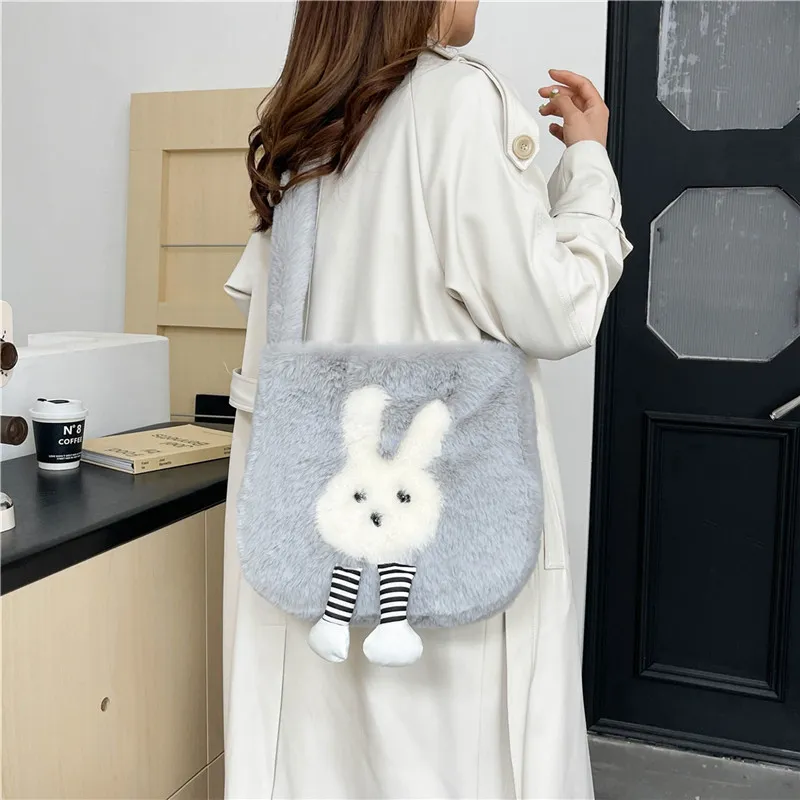 Dusen Kangaroo Plush Shoulder Bag Women's White/Gray/Khaki/Green/Pink-8