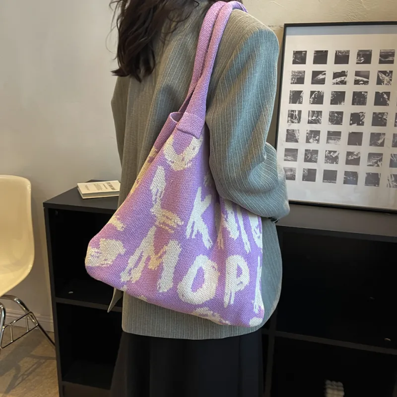 Dusen Kangaroo Knitted Fabric Shoulder Bag Regular Women's Black/Violet/Beige/Pink/Green & White/Green & Pink-10