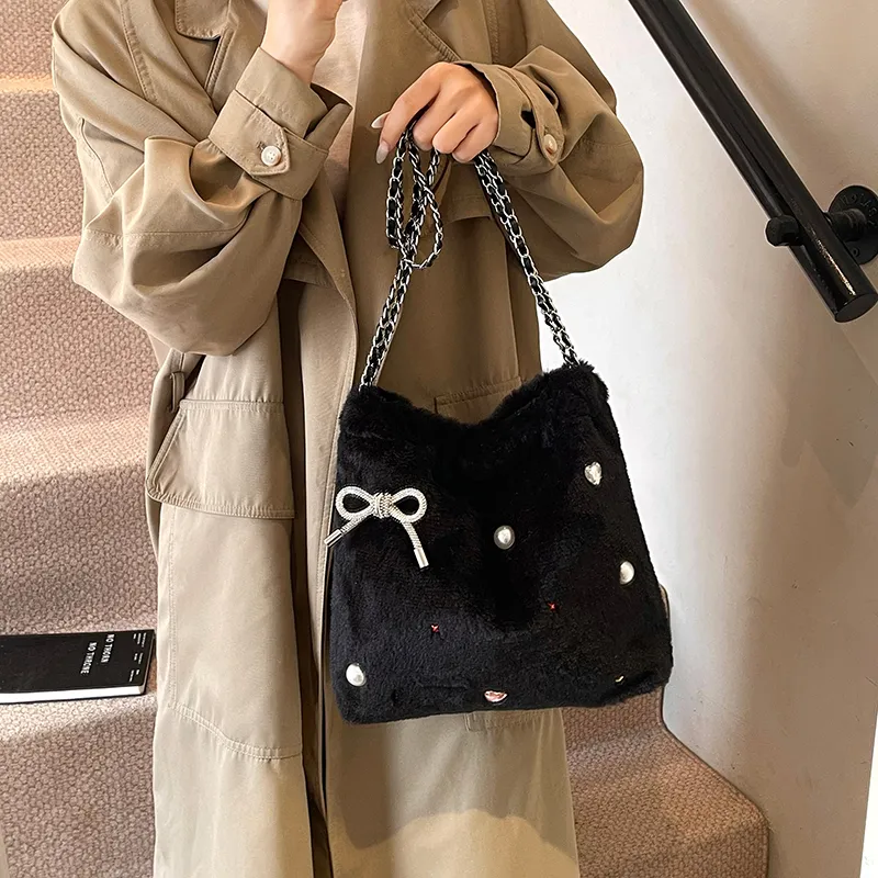 Dusen Kangaroo Plush Portable Crossbody Bag, Shoulder Bag Women's Ecru/Gray/Black/Khaki-17