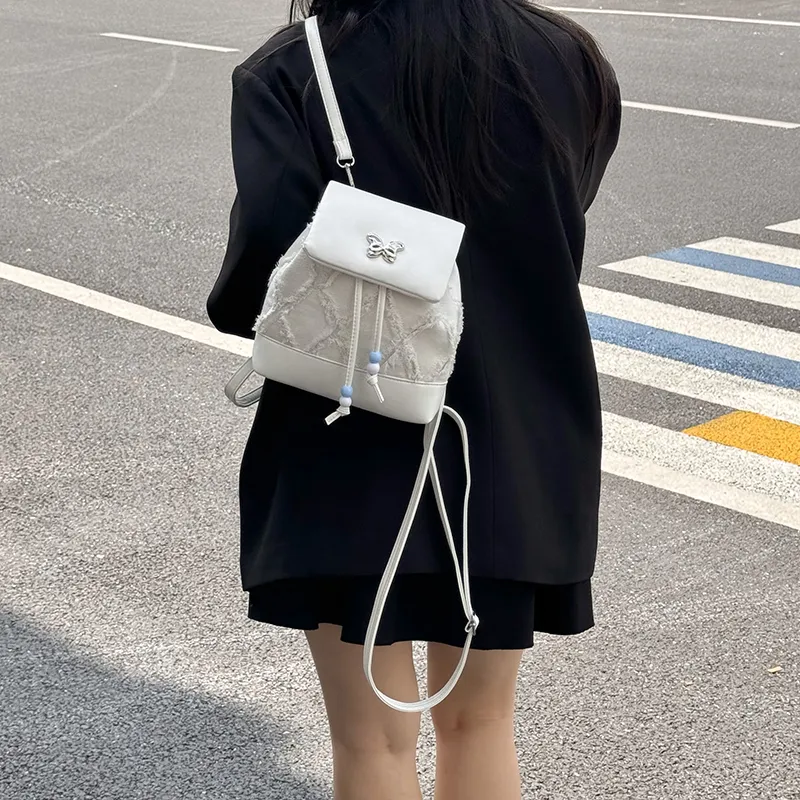 Dusen Kangaroo PU Small Backpack Regular Women's White Black Blue Pink-3